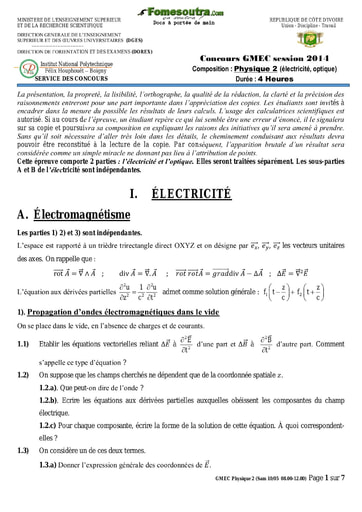 Sujet de Physique 2 concours GMEC 2014