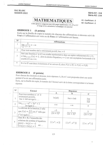 DDENA TIASSALE BAC BLANC MATHS SERIE A1 A2