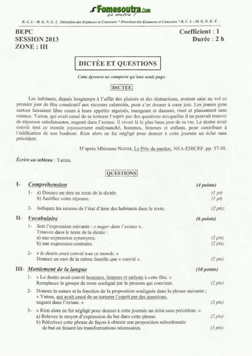 Sujet de dictée et questions BEPC 2013 Zone 3