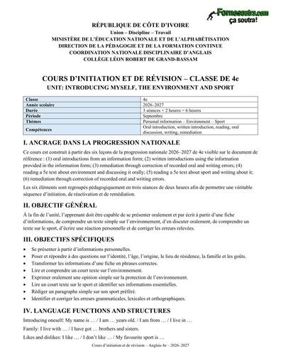 Cours initiation revision 4e Anglais 3 seances 2026 2027 BY TEHUA