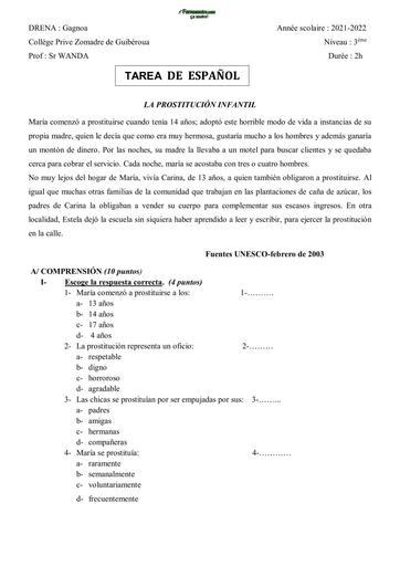 SUJET 3ième DEVOIR d'ESPAGNOL LM BAD 2017 2018 CP ZOMADRE DE GUIBEROUA by TEHUA