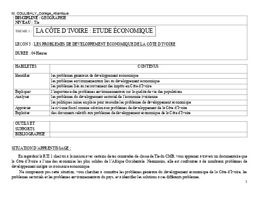 TH1 G3 TLE LES PROBLEMES DE DÉVELOPPEMENT ÉCONOMIQUE DE LA CÔTE D’IVOIRE