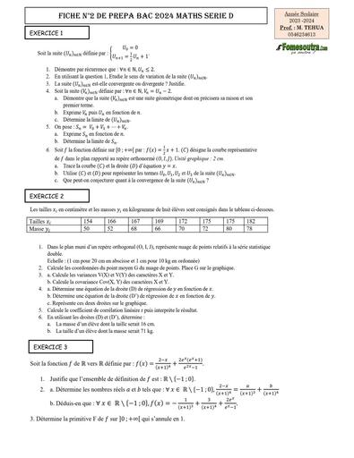 FICHE 2 PREPA BAC 2024 MATHS SERIE D by Tehua