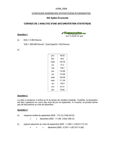 Corrigé Analyse d'une documentation statistique ISE option économie 2009 (ENSEA - ISSEA)