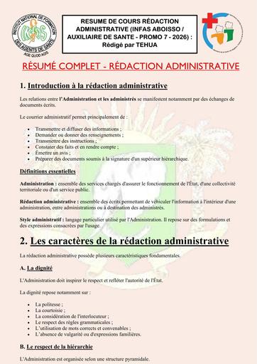 INFAS RESUME DE COURS REDACTION ADMINISTRATIVE INFAS AS ABOISSO 2026 BY TEHUA