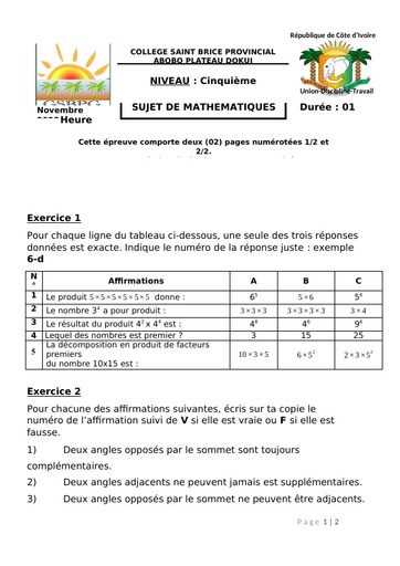 Compo fin de trimestre Nov 2023 maths 5ieme provincial by Tehua