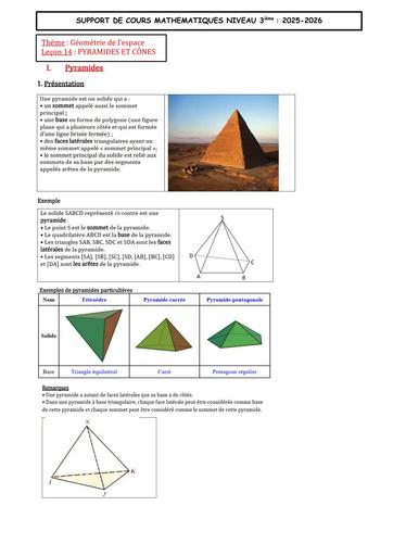 8 SUPPORT DE COURS MATHS 3ième Leçon 14 PYRAMIDES ET CÔNES