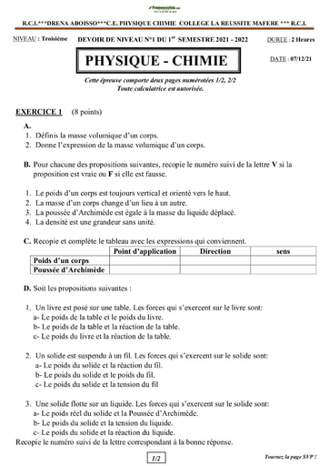 Devoir de Physique Chimie Niveau 3ème 2021-2022