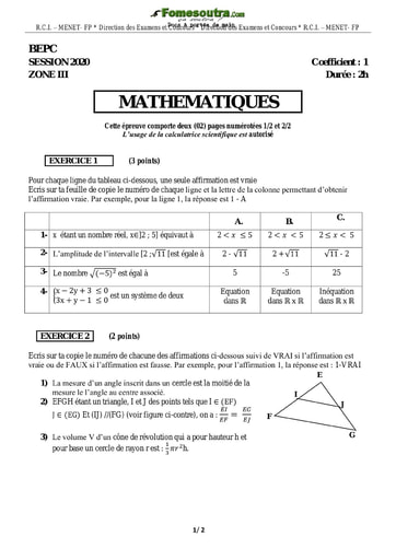 Sujet corrigé de Mathématique BEPC 2020 zone 3