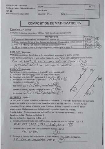 Partielle de decembre maths 6ième up11 barème by Tehua