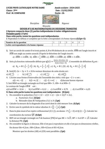 DEVOIR DE MATHS NIVEAU 3ième LYCEE PRIVE CATHOLIQUE NOTRE DAME N°3 TRIM 2 2024 BY TEHUA
