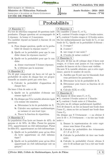 FICHE DE TD Probabilités LPKE 2025 Tle S BY TEHUA