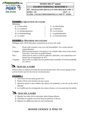 Sujet Négociation sociale et psychologie appliquée - 2eme année Licence professionnelle Communication et Developpement - PIGIER (2012)