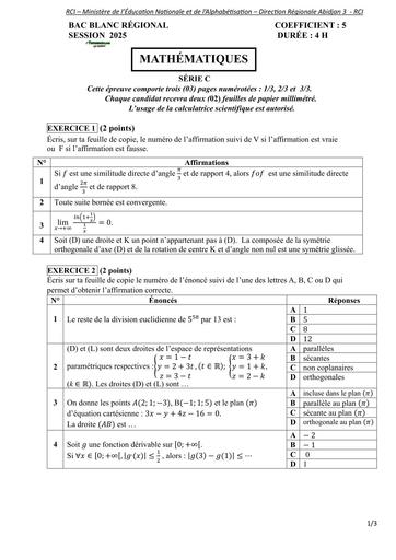 SUJET MATHS BAC BLANC C REGIONAL 2025  SERIE C DREN ABIDJAN 3 BY TEHUA