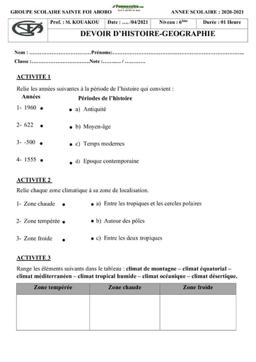 Devoir Histoire-Géographie 6ème Groupe Scolaire Sainte Foi Abobo