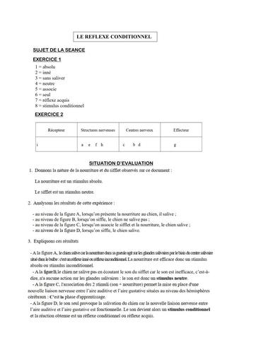COURS DE VACANCES : SVT Tle CORRIGE DU SUJET 1 (LE REFLEXE CONDITIONNEL)