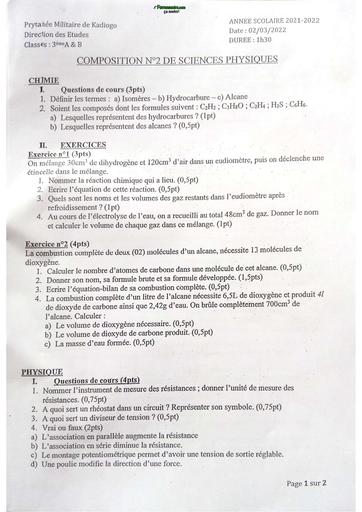 DEVOIR MATHS ET PC 3ème  PMK   2021 2022 by TEHUA