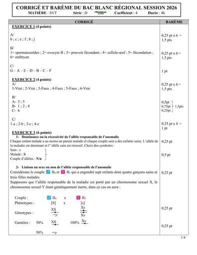 BAC blanc MARS 2026 SVT SERIE D BAREME Drena BONGOUANOU By TEHUA