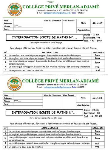 INTERROGATION ECRITE N°1 MATHS NIVEAU 5ième (FIGURES SYMÉTRIQUES PAR RAPPORT À UNE DROITE) BAREME BY TEHUA   Copie