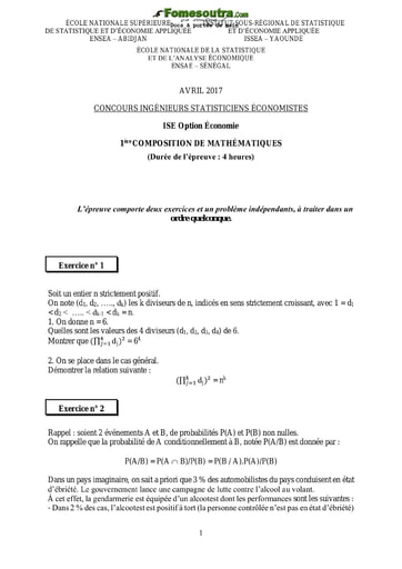 Sujet et Corrigé 1ère épreuve de maths ISE option économie 2017 (ENSEA - ISSEA - ENSAE)