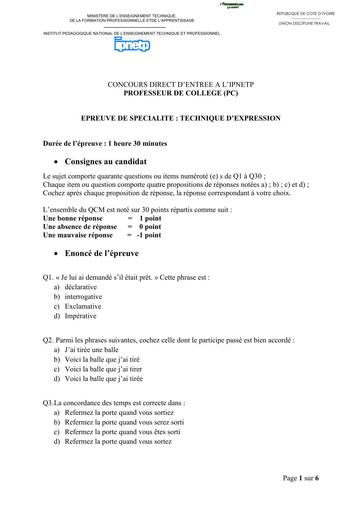 RECRUTEMENT Sujet Technique d'expression (SUJET) PROF PC COLLEGE BY TEHUA