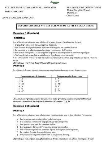 SUJET 3ième devoir D'SVT COLLEGE ADAM MARSHALL by TEHUA