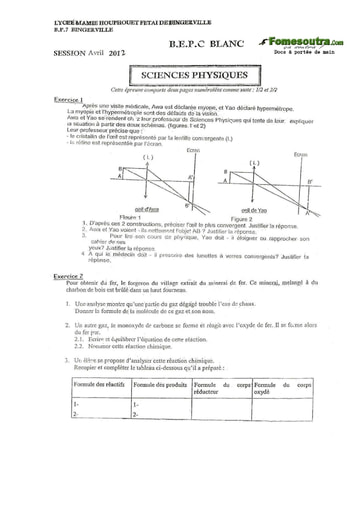 Sujet de physique chimie BEPC blanc 2012 Lycée Mamie Houphouet Fetai