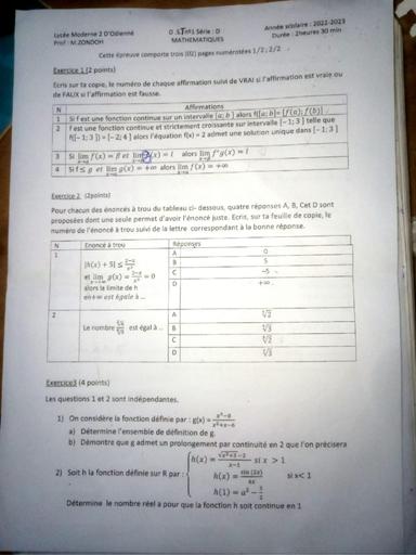 Sujet de Maths niveau Terminale D - Lycée Moderne d'Odienné