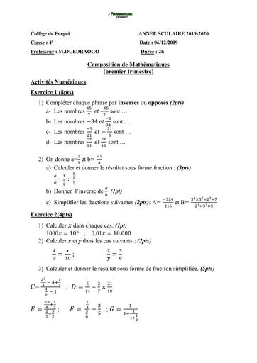 Sujet 4ième Devoir de maths Collège le FORGUI BURKINA by TEHUA