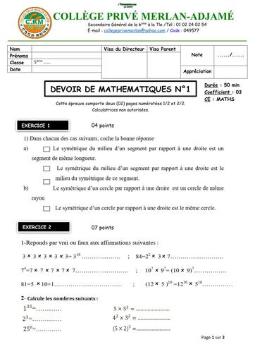 DEVOIR DE NIVEAU MATHS niveau 5ième (RECTIFIE) MERLAN 12 NOVEMBRE 2025 AVEC BAREME by TEHUA