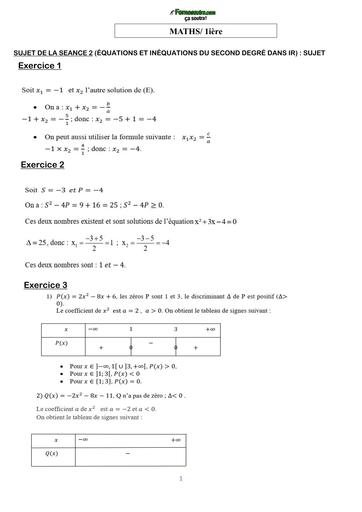 COURS DE VACANCES MATHS 1ière CORRIGE SUJET 2 (ÉQUATIONS ET INÉQUATIONS DU SECOND DEGRÉ DANS IR) BY TEHUA