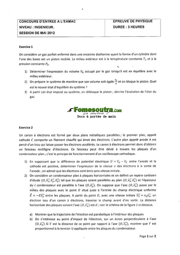 Sujet de Physique Concours EAMAC cycle Ingénieur session 2012