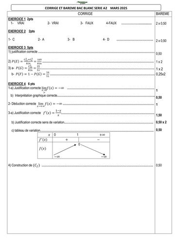 BAC BLANC CORRIGES BAREMES MARS 2025 MATHS Tle A2 by TEHUA