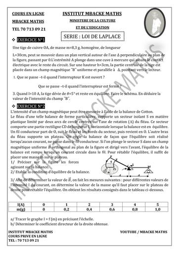 SERIE D'EXERCICE SUR LOI DE LAPLACE Tle S by TEHUA
