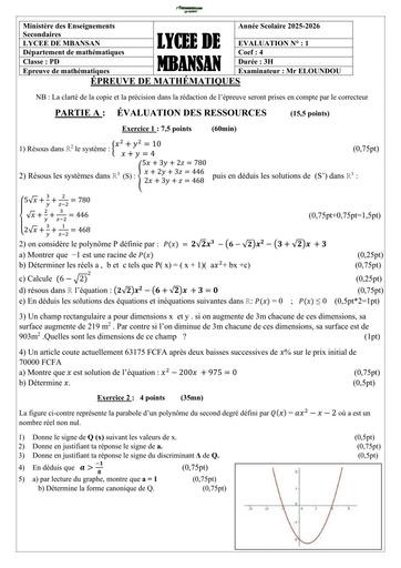 DEVOIR DE MATHS NIVEAU 1ière D LYCEE DE MBANSAN N°1 TRIM 2 2024 BY TEHUA