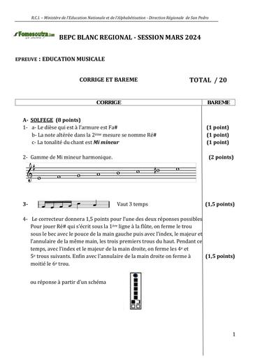 Corrigé et barème SUJET 1 BEPC Education Musicale 2024 dren san pedro by Tehua