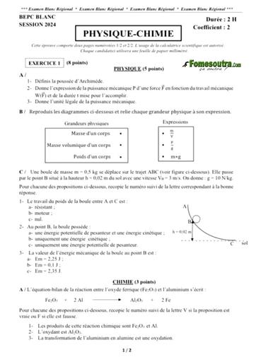 Examen blanc régional Bepc 2024 PC sujet+barème by Tehua