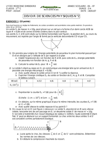 Devoir (2) de Physique-Chimie 1ère C Lycée Moderne de Dimbokro