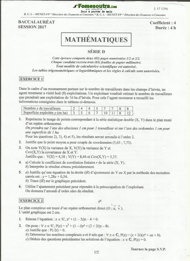 Sujet de Maths BAC D 2017