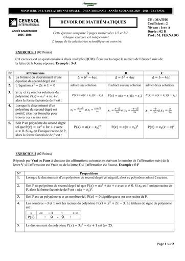 SUJET 1ière A Devoir de Maths 1ere A 25 26 Trim1 Cevenol by TEHUA