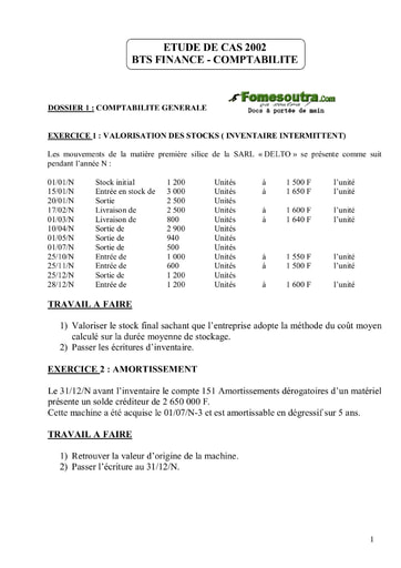 Sujet corrigé Etude de Cas BTS Finances Comptabilité 2002