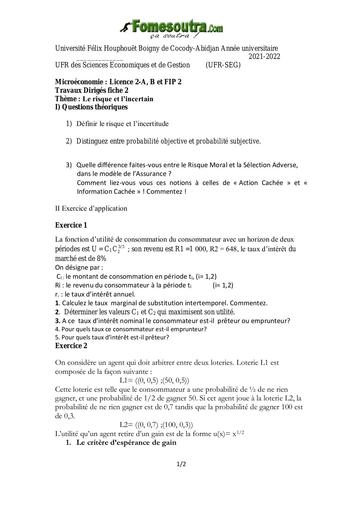 UFHB de Cocody Ufr SEG MICRO II TD 2 2021 2022 Eco de Risques et l'incertain by TEHUA