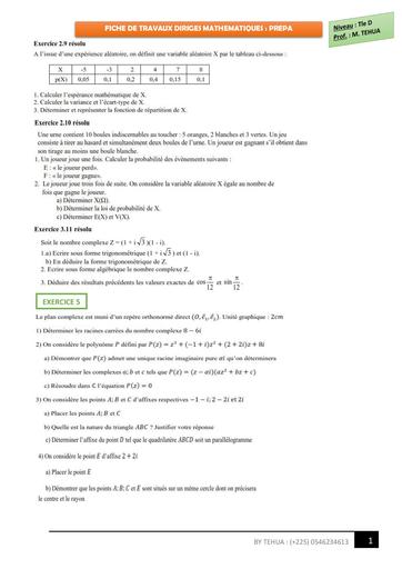 Fiche Travaux dirigés prepa maths Tle D by TEHUA