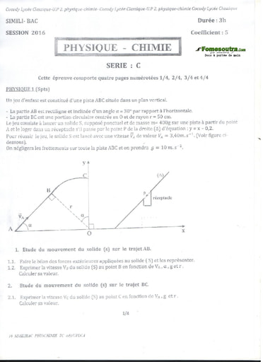 Sujet de Physique-Chimie BAC blanc série C Lycée Classique de Cocody 2016