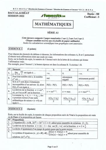 EPREUVE BAC 2022 MATHEMATIQUE SERIE A1 COTE D'IVOIRE by TEHUA