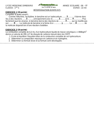 Interrogation (1) de Chimie 1ère C Lycée Moderne de Dimbokro