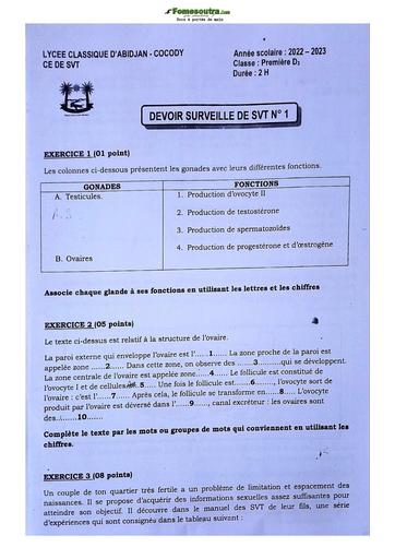 Sujet de SVT niveau Première D Lycée Classique Abidjan 2022-2023