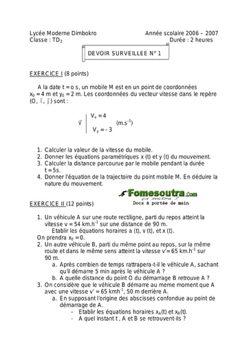 Devoir 16 Physique-Chimie niveau Terminale D Lycée Moderne Dimbokro