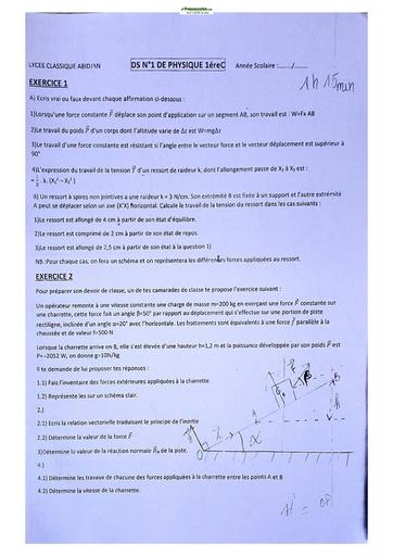 Sujet de Physique-Chimie Première C Lycée Classique Abidjan 2022-2023