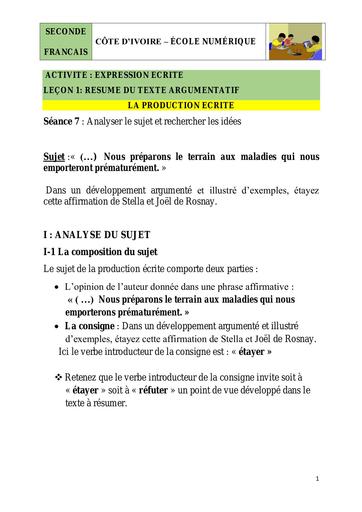 2nde EE Prdtion écrite S7 Analyser sujet Rech idées